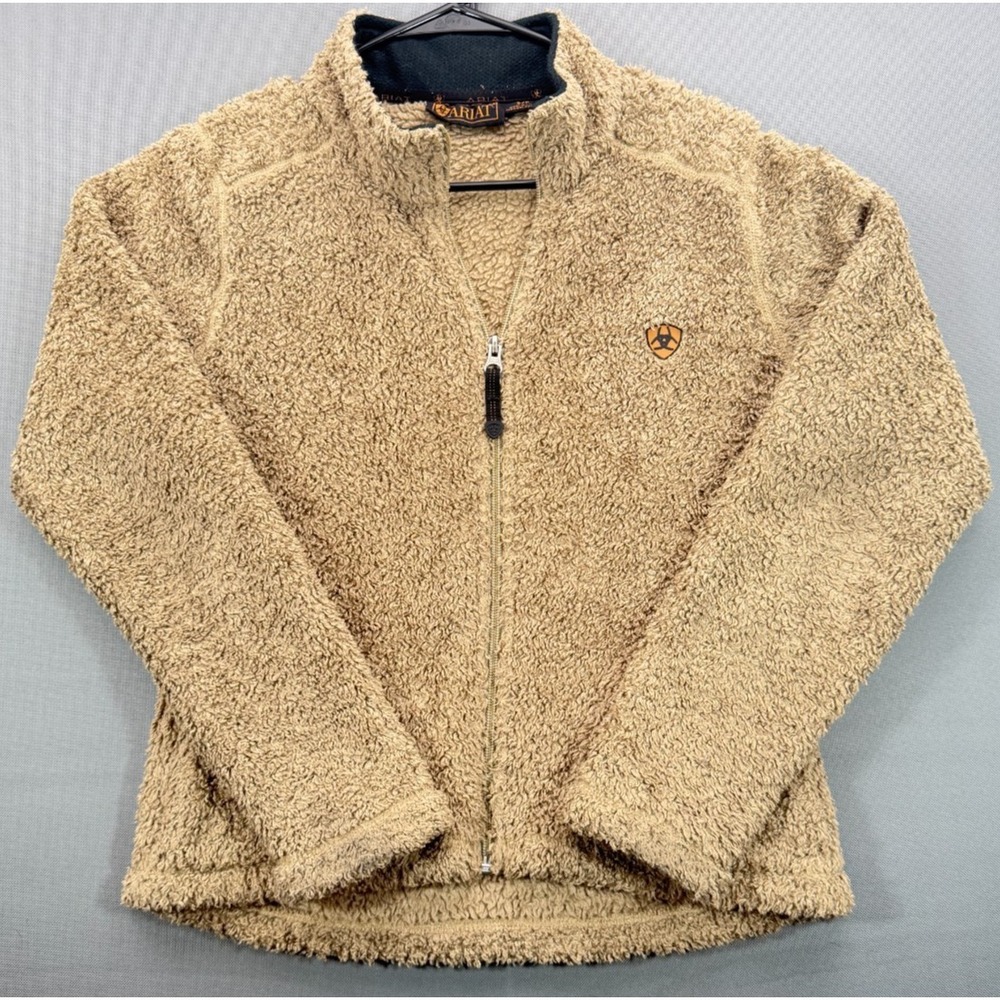 Ariat Women's Small Tan Sherpa Fleece Full Zip Jacket | Cozy Shield Logo S/P